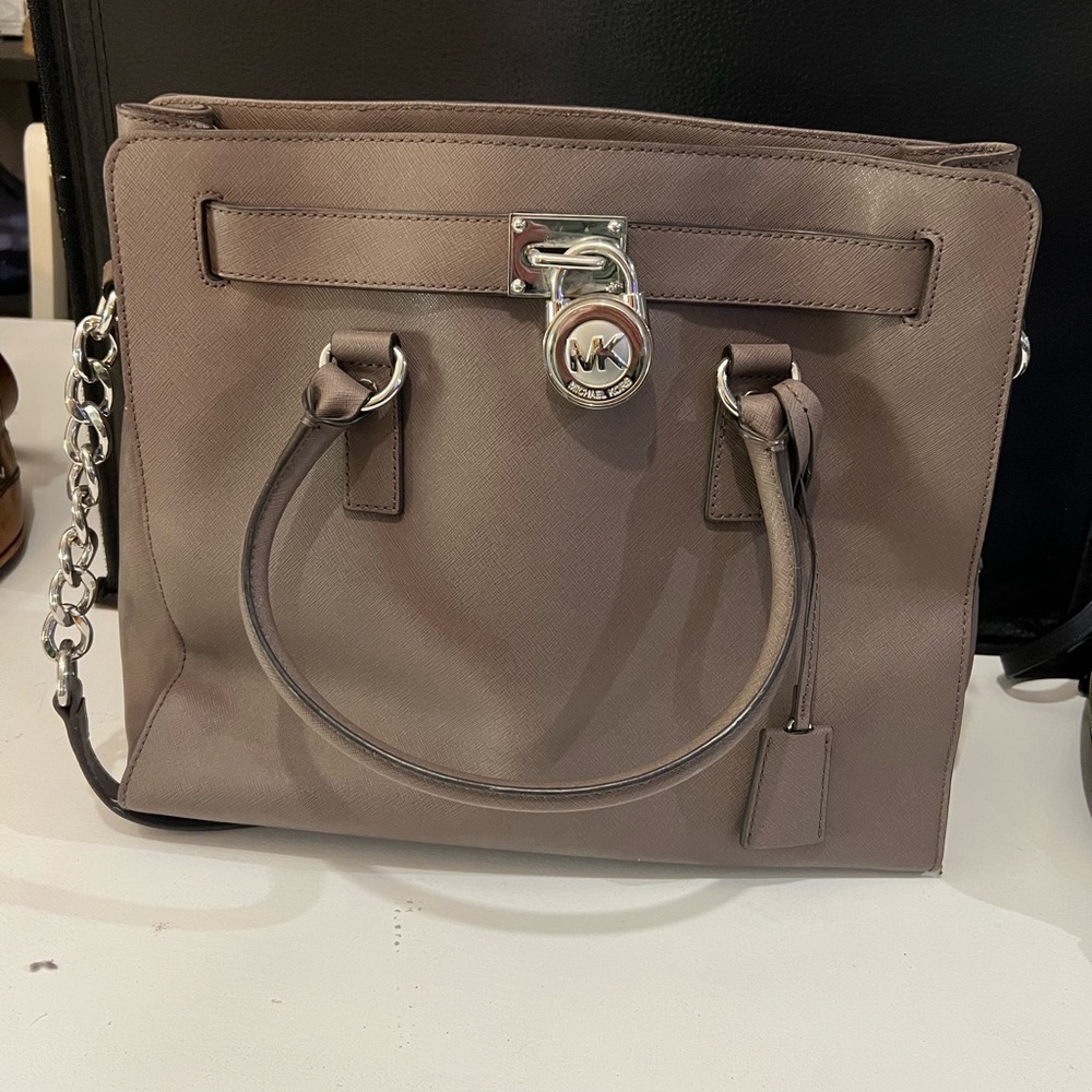 Michael Kors Taupe Saffiano Satchel with Silver Hardware